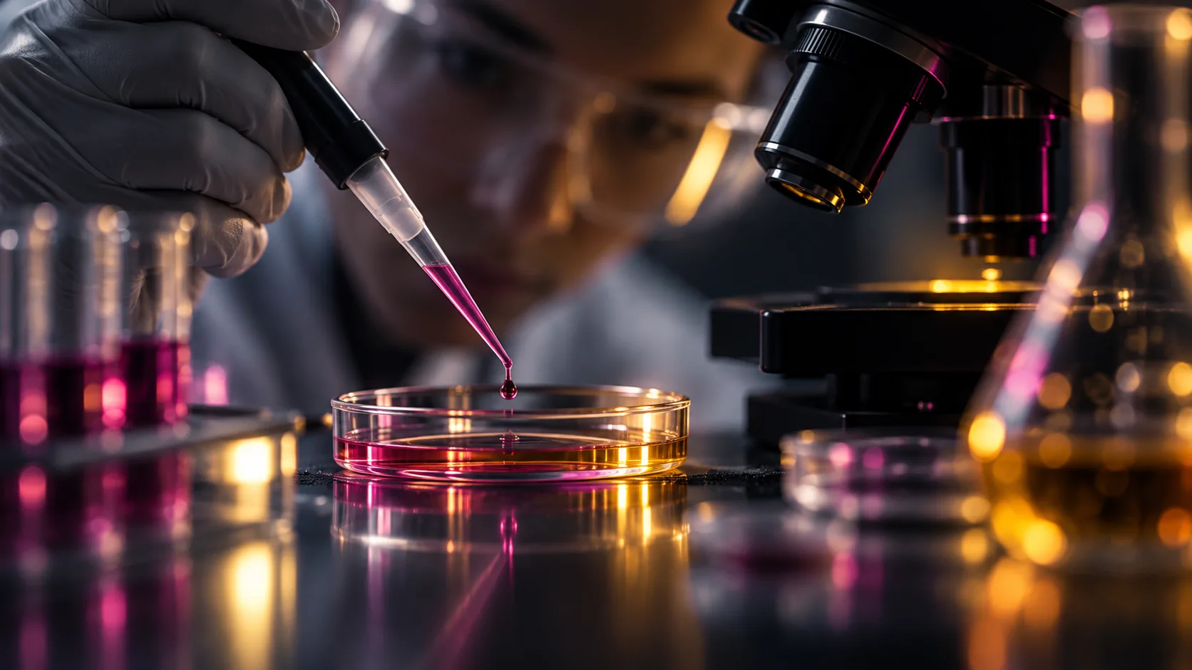 Fotografía conceptual de investigación con pipeta y microscopio