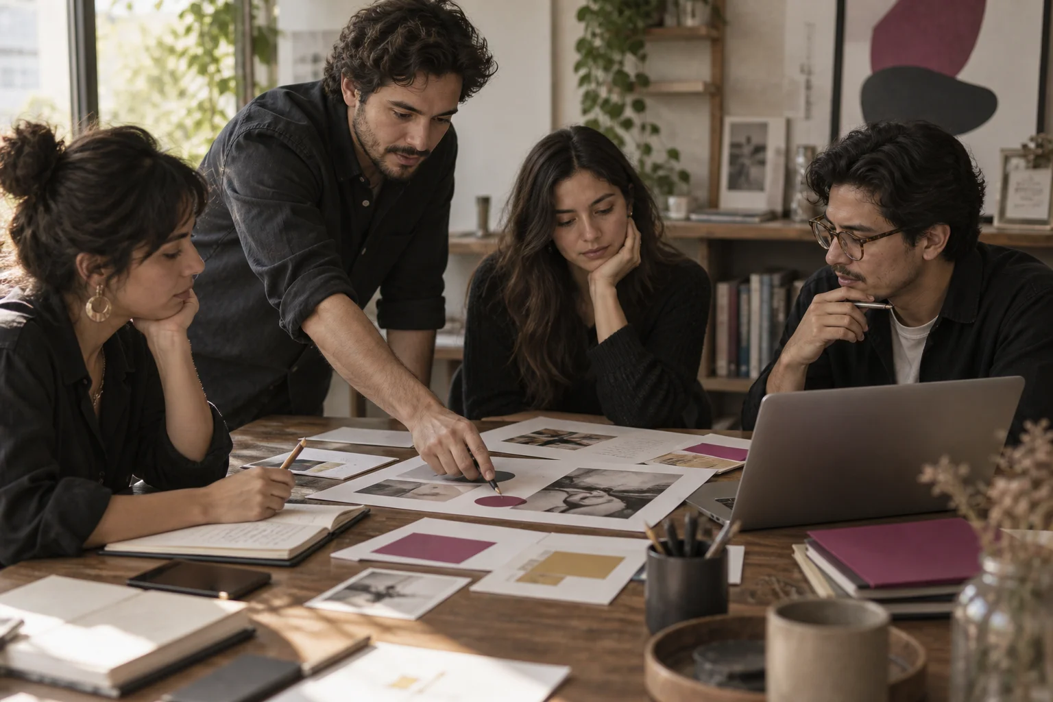 Imagen conceptual generada de cuatro personas colaborando alrededor de una mesa; no representa al equipo real de Bespoke